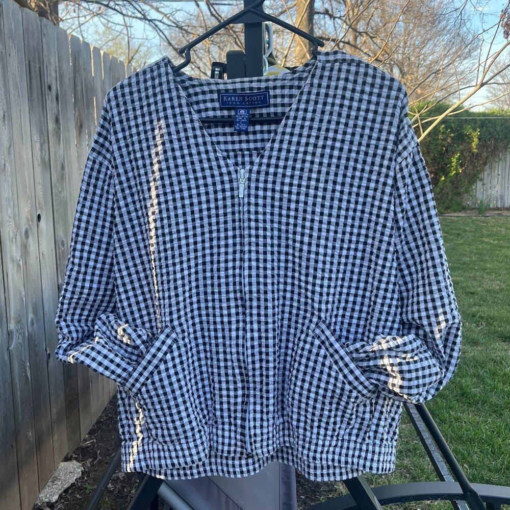 VTG Gingham Plaid Checkered Jacket Black White Zip Lightweight Large